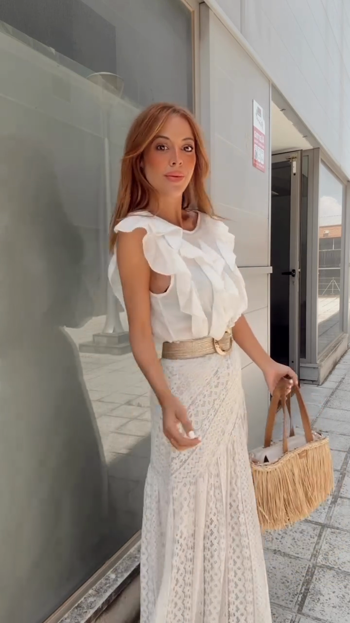 White Ruffled Top & Lace Maxi Skirt Set