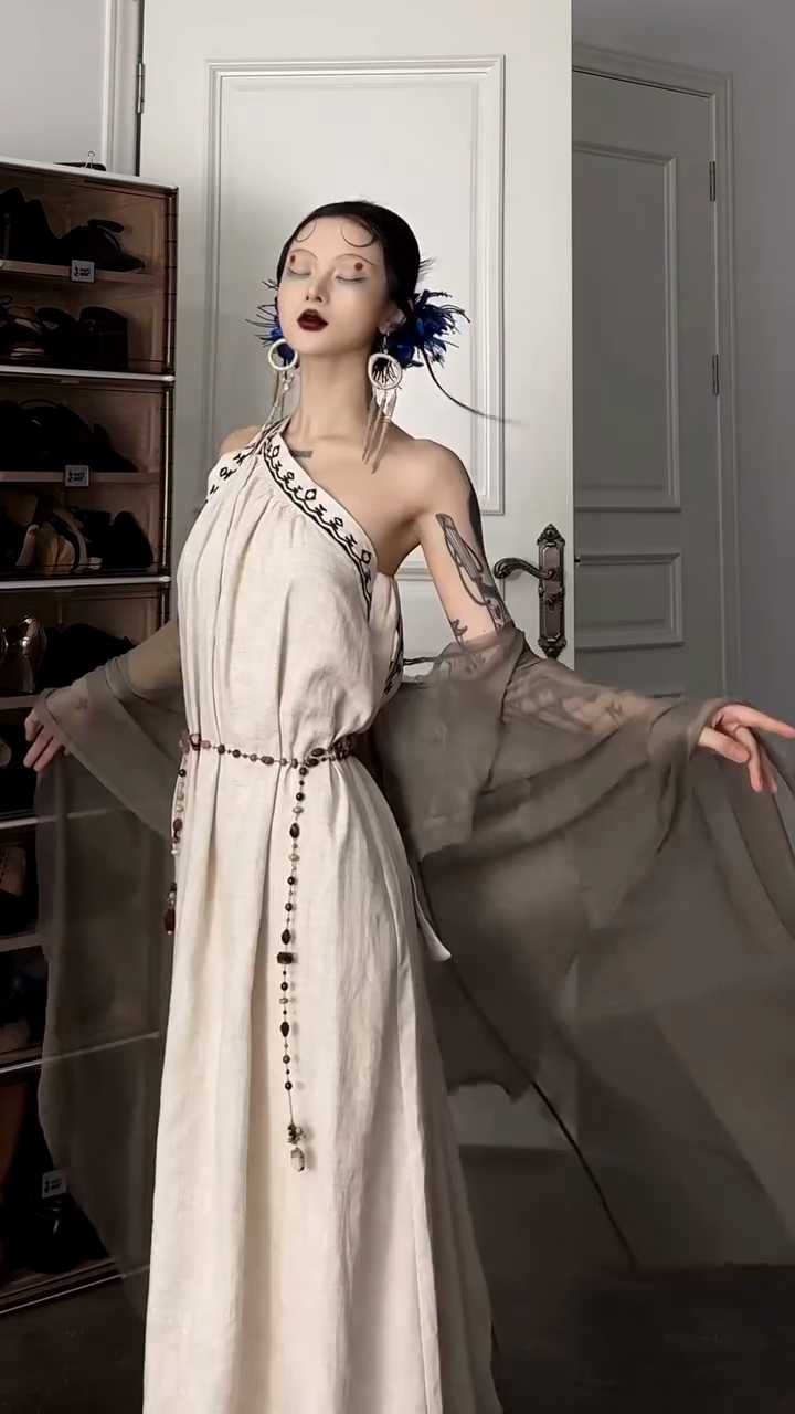 Asymmetric Embroidered Linen Long-Sleeved Maxi Dress