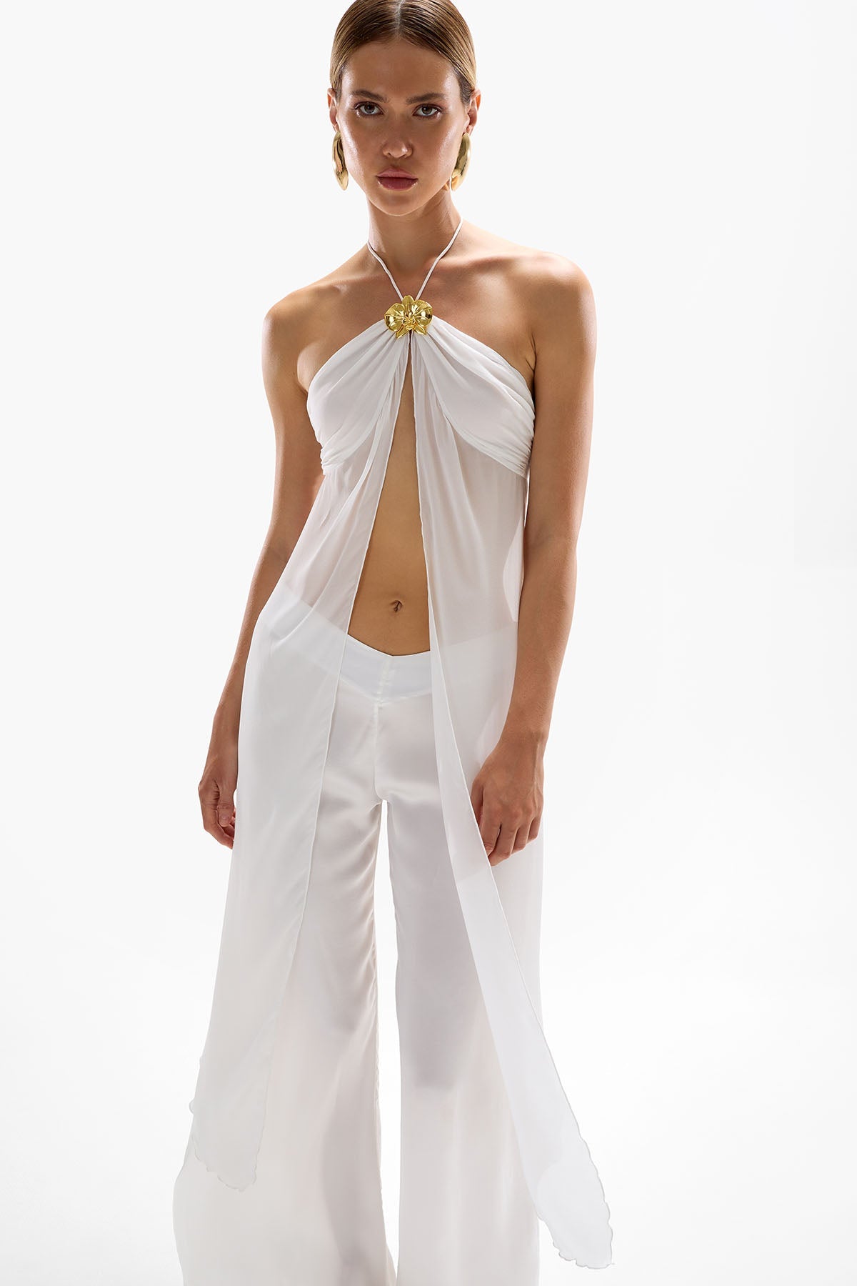 White Sheer Halter Neck Wine Tasting Outfit Set