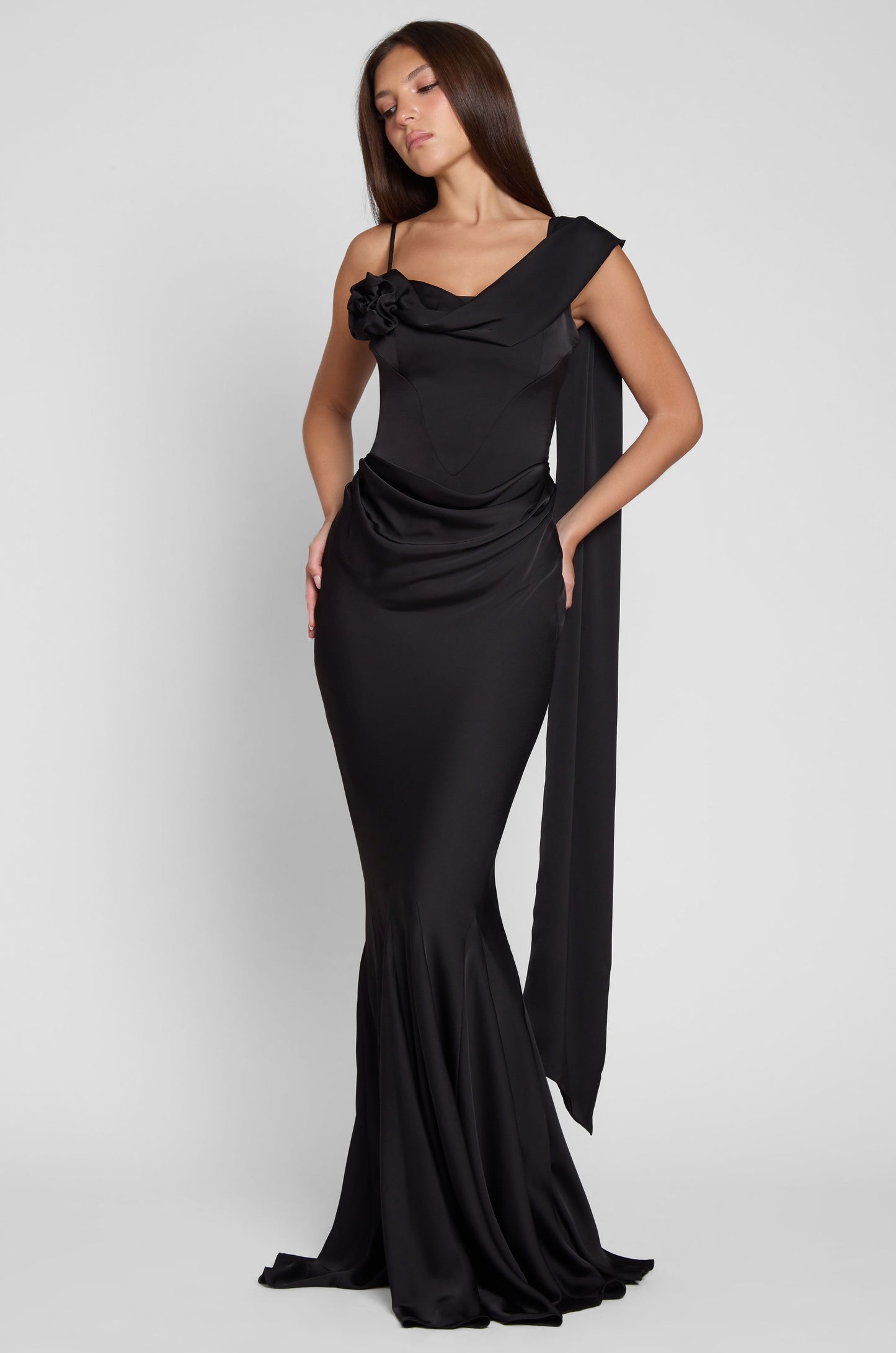 Asymmetric Drape Gown with Floral Accent