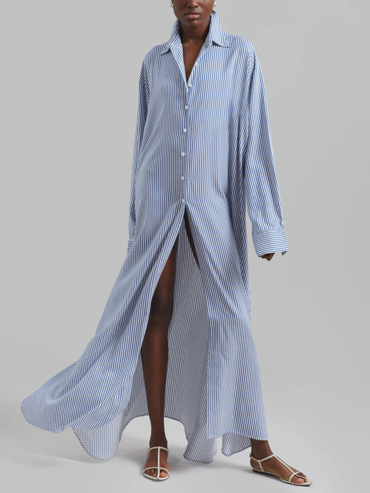 Avery Fluid Shirt Dress - White/Blue Stripe