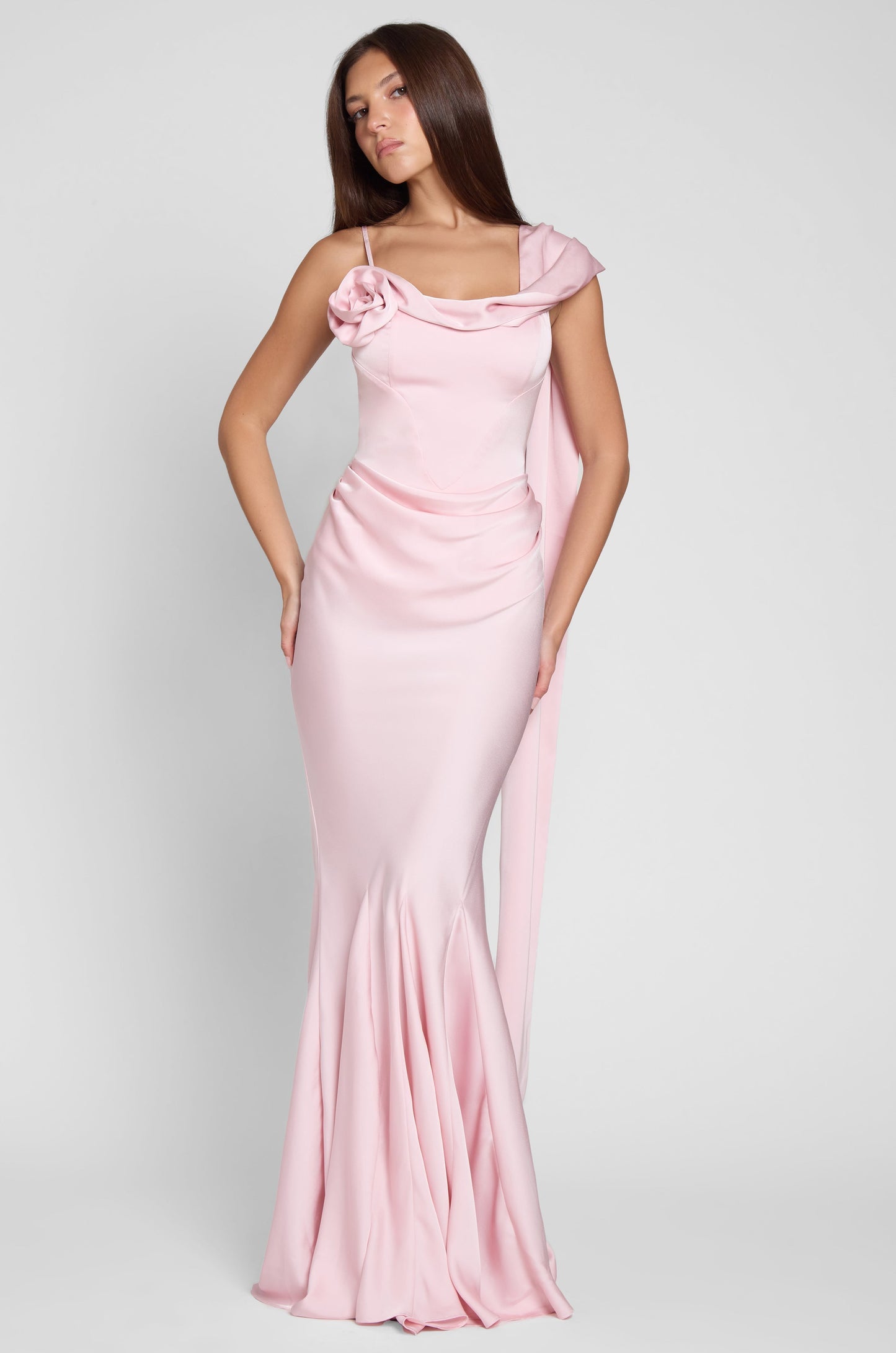Asymmetric Drape Gown with Floral Accent