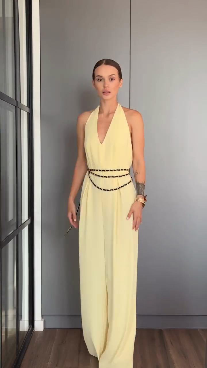 Yellow Asymmetric Cape - Sleeve Jumpsuit