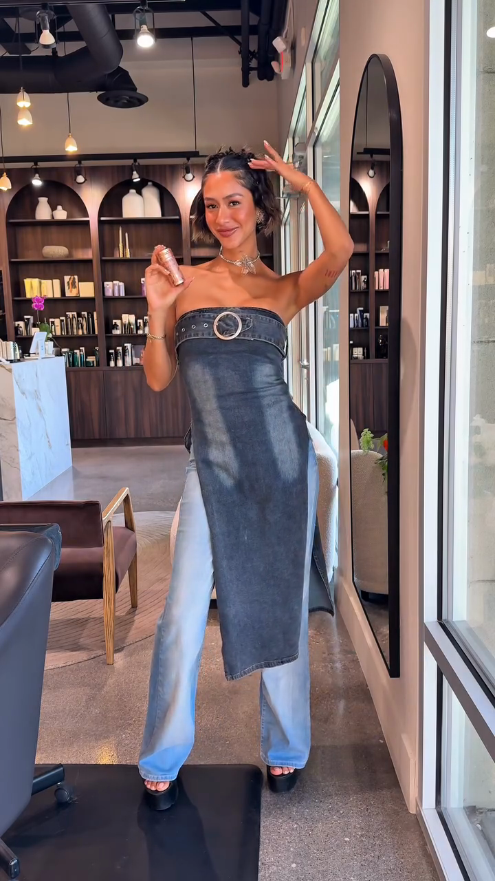 Asymmetric Denim Strapless Midi Dress