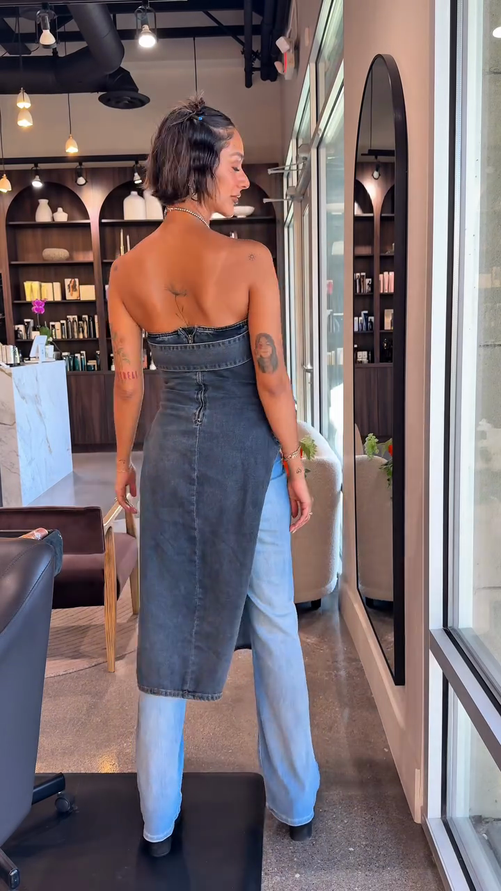 Asymmetric Denim Strapless Midi Dress