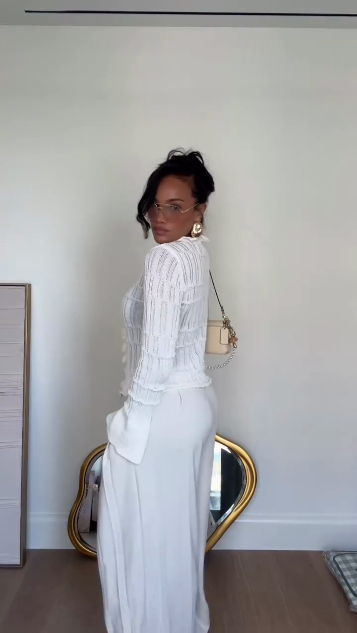 White Ruffled Crochet Cardigan & Wide - Leg Pants Set