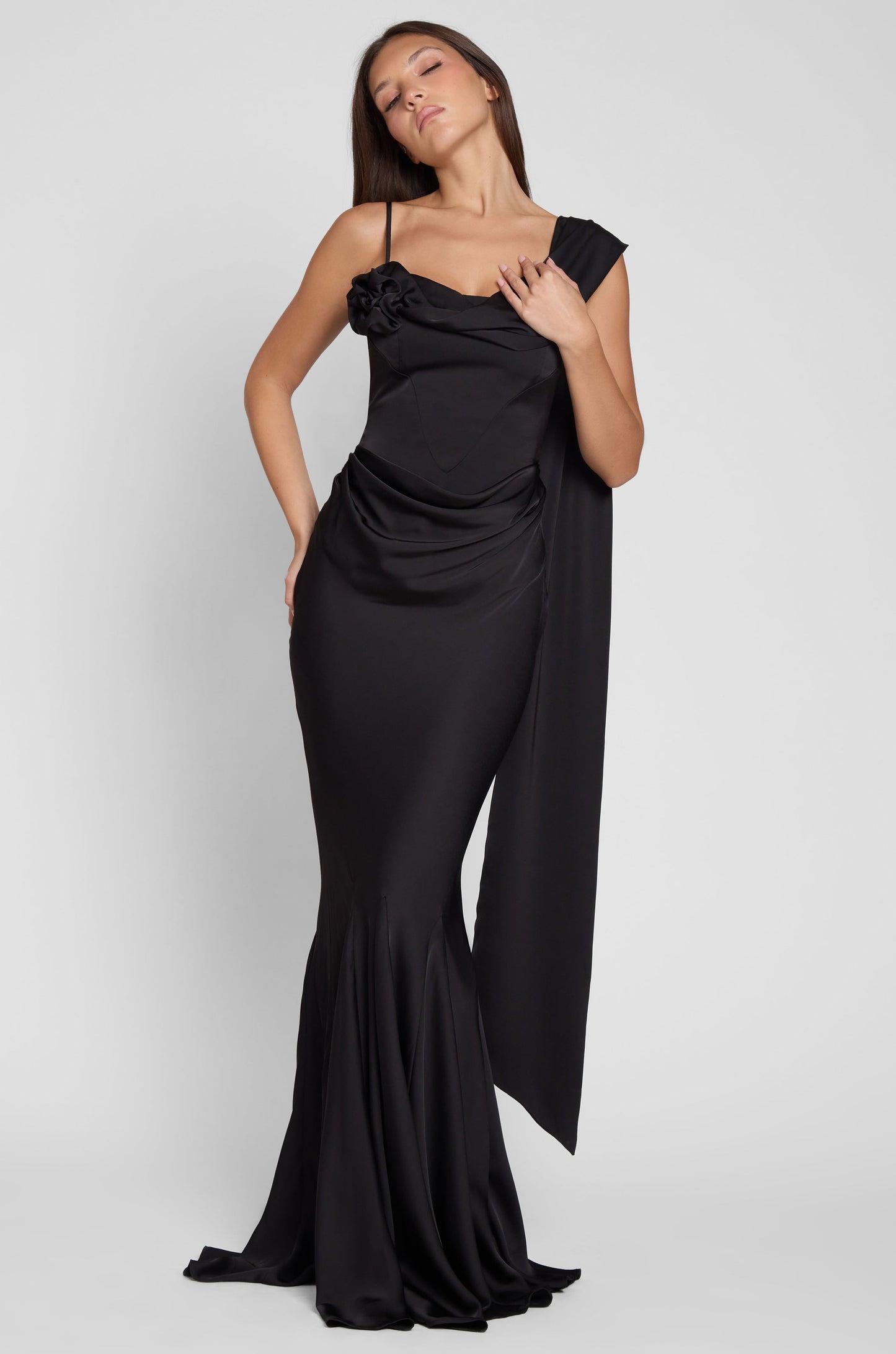Asymmetric Drape Gown with Floral Accent