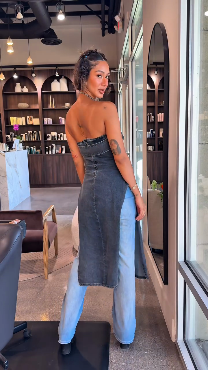 Asymmetric Denim Strapless Midi Dress