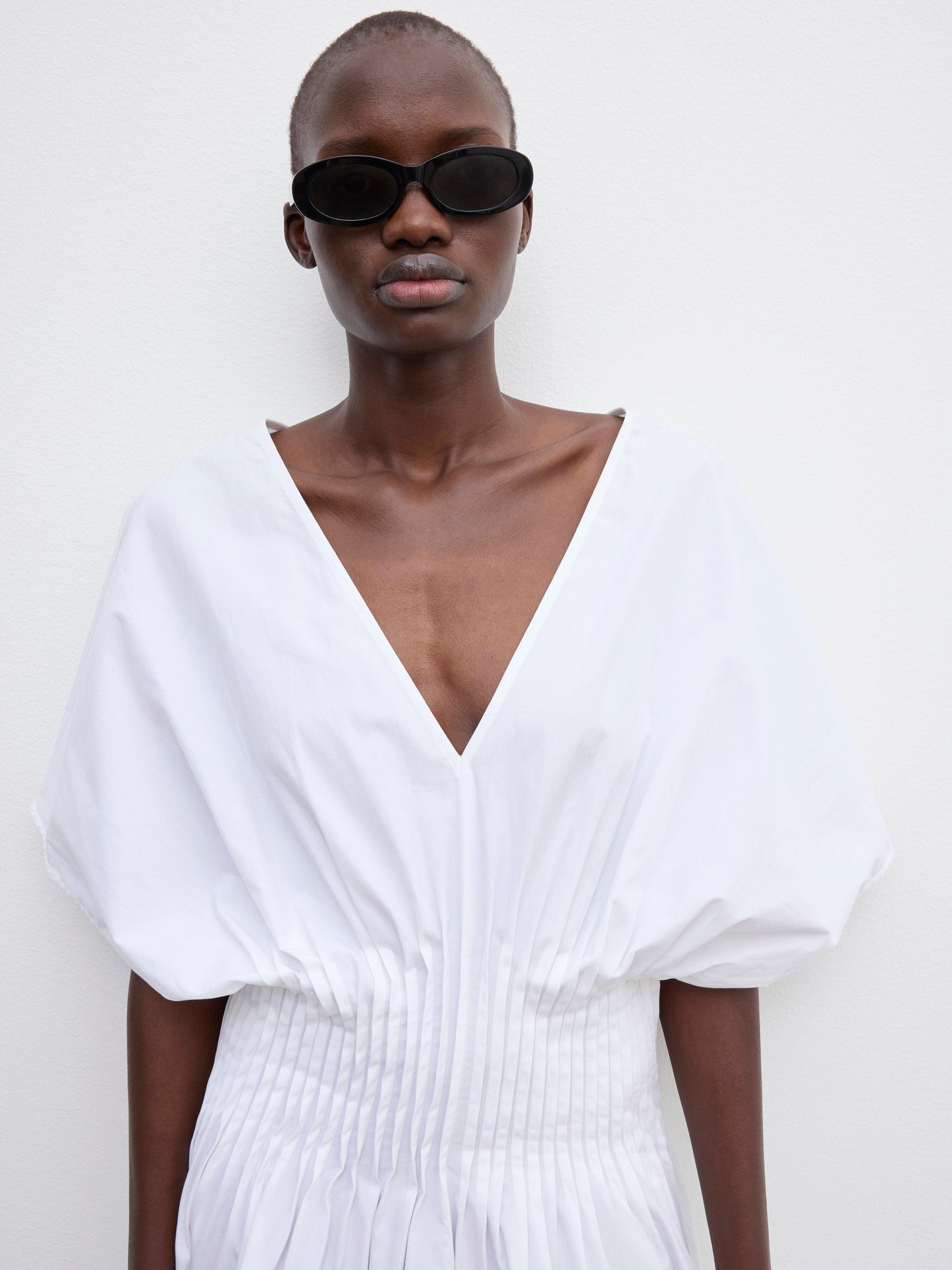 White V - Neck Puff - Sleeve Maxi Dress