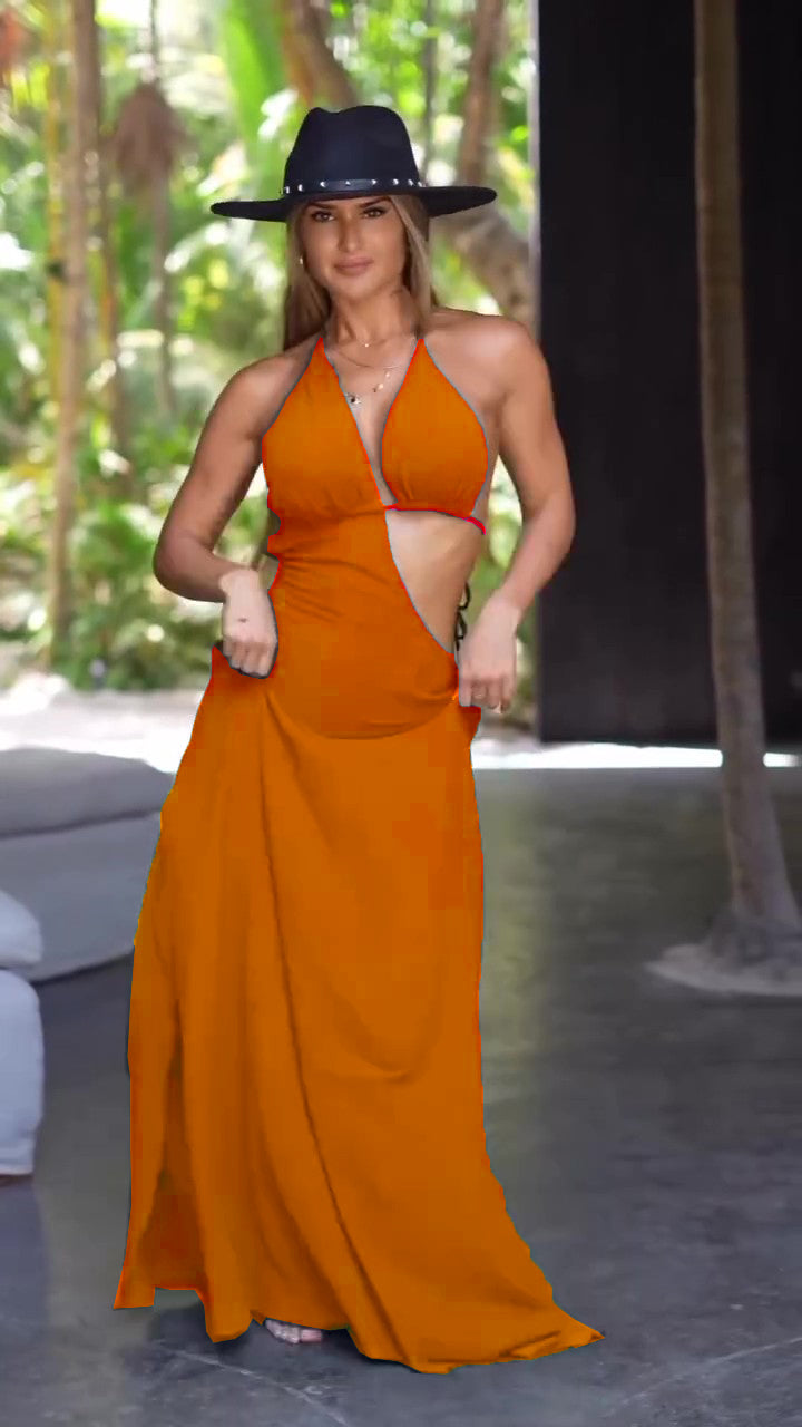 Asymmetrical midi resort dress-flax. Built-in breast cup.