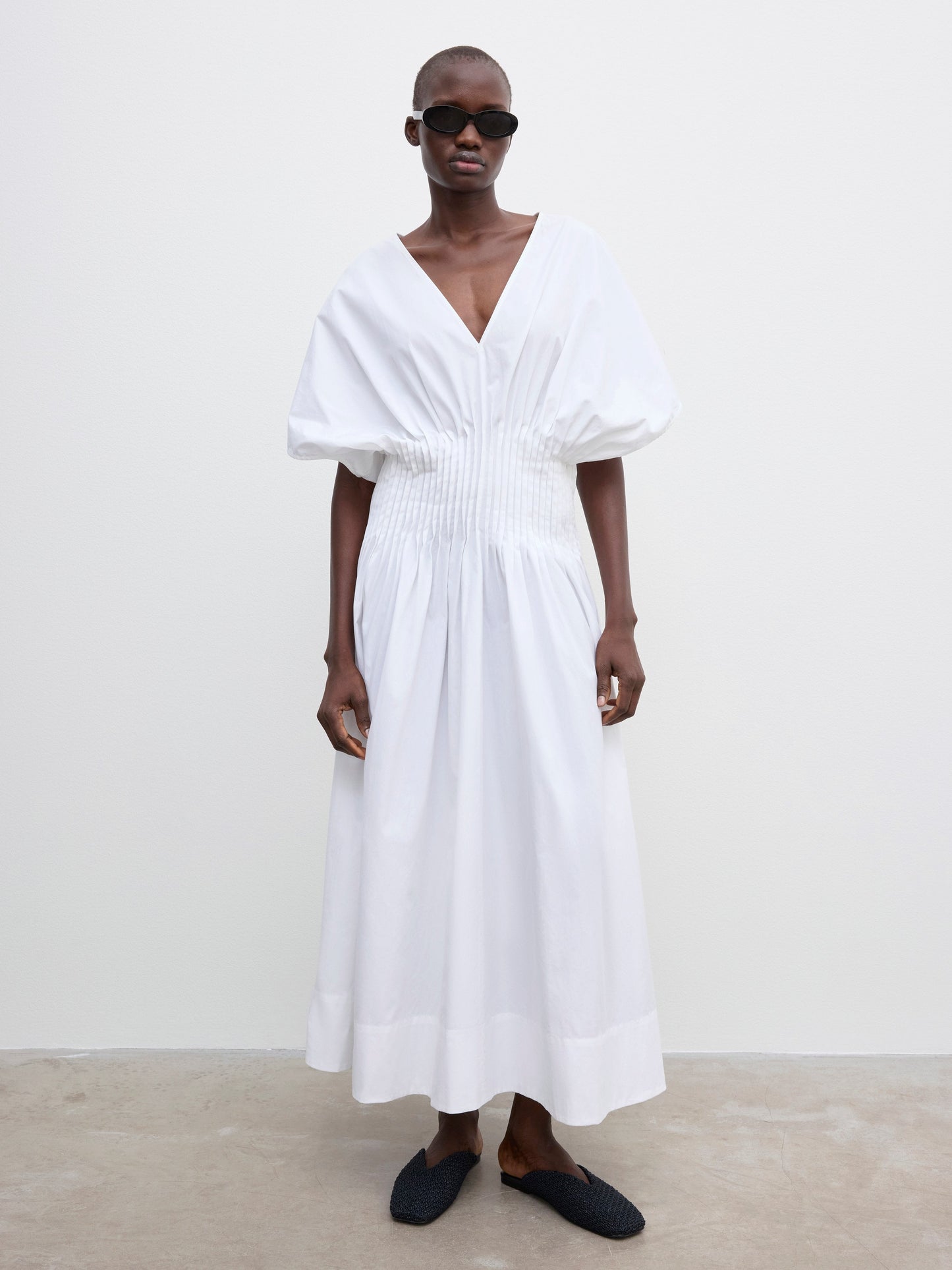 White V - Neck Puff - Sleeve Maxi Dress