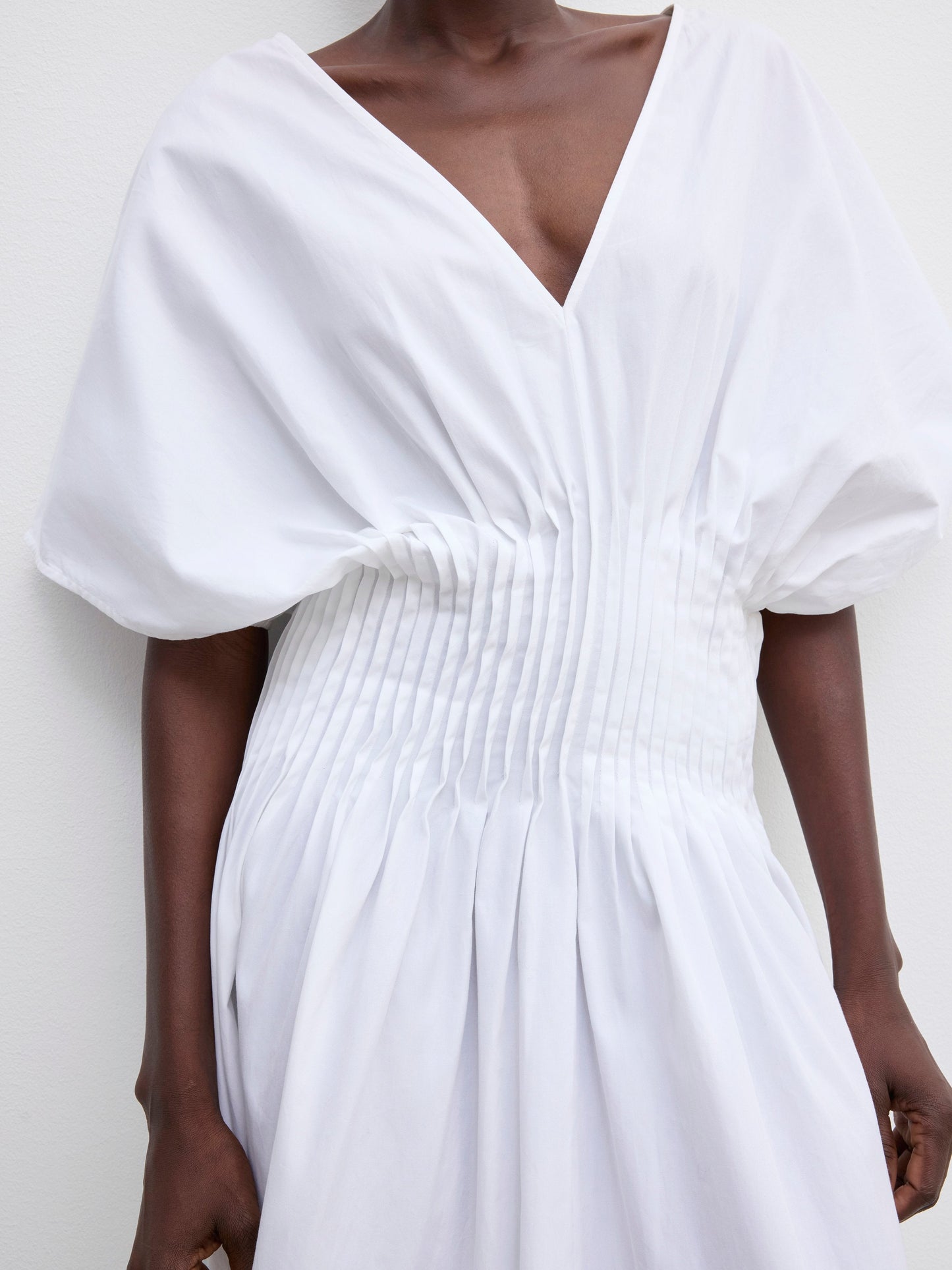 White V - Neck Puff - Sleeve Maxi Dress