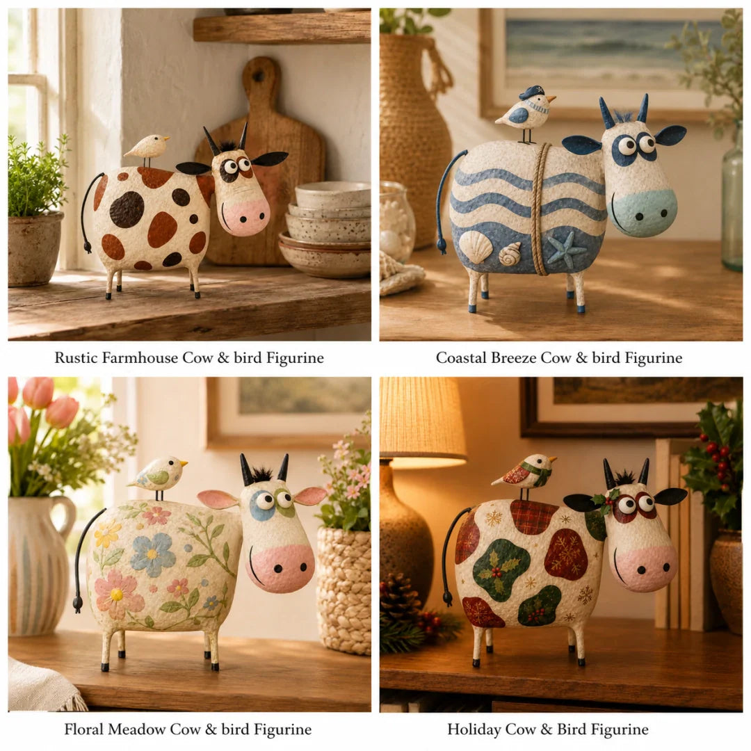 Whimsical Cow & Bird Folk Art Figurine