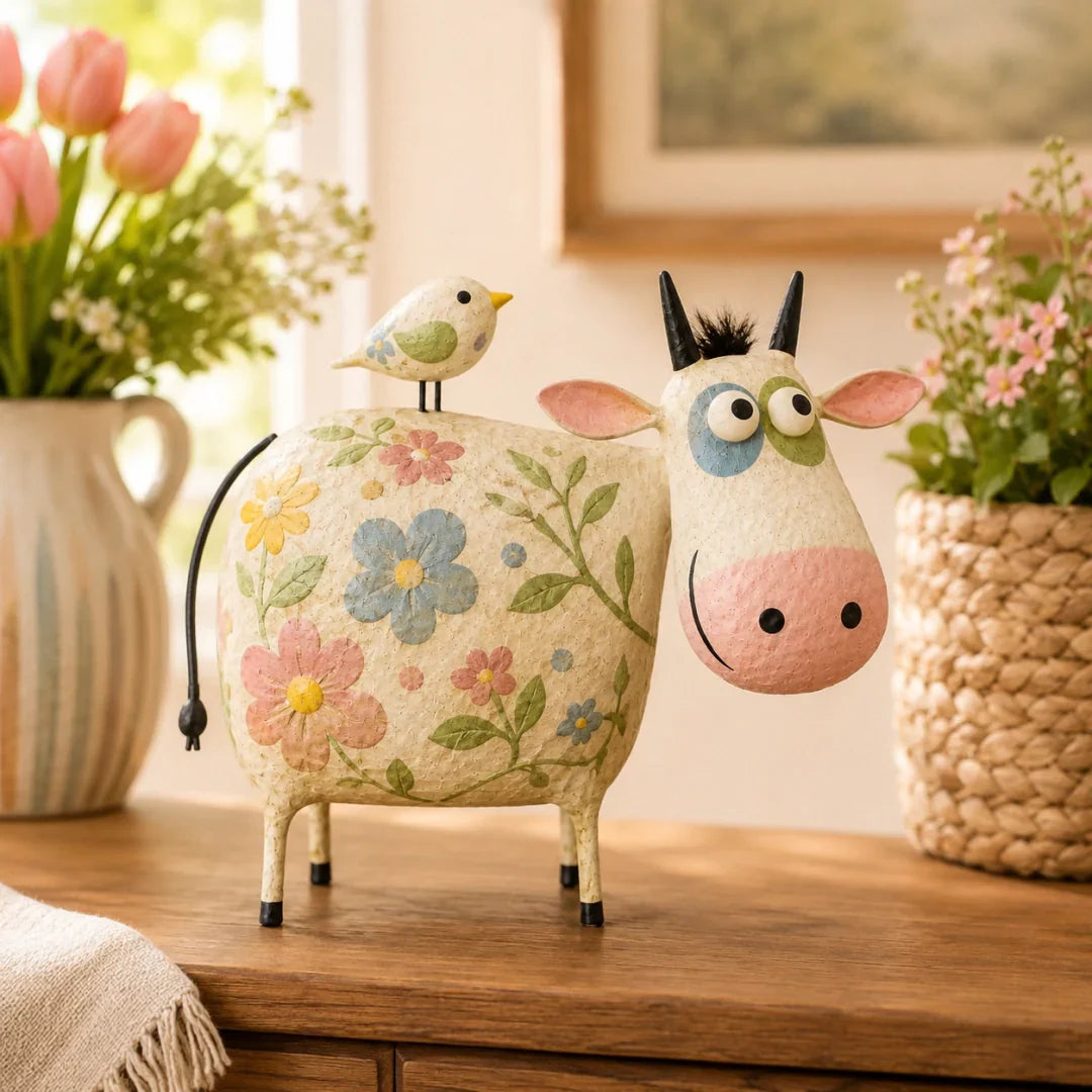 Whimsical Cow & Bird Folk Art Figurine