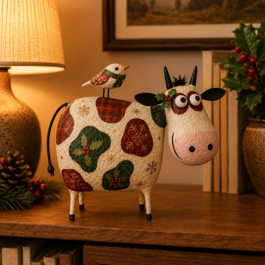 Whimsical Cow & Bird Folk Art Figurine